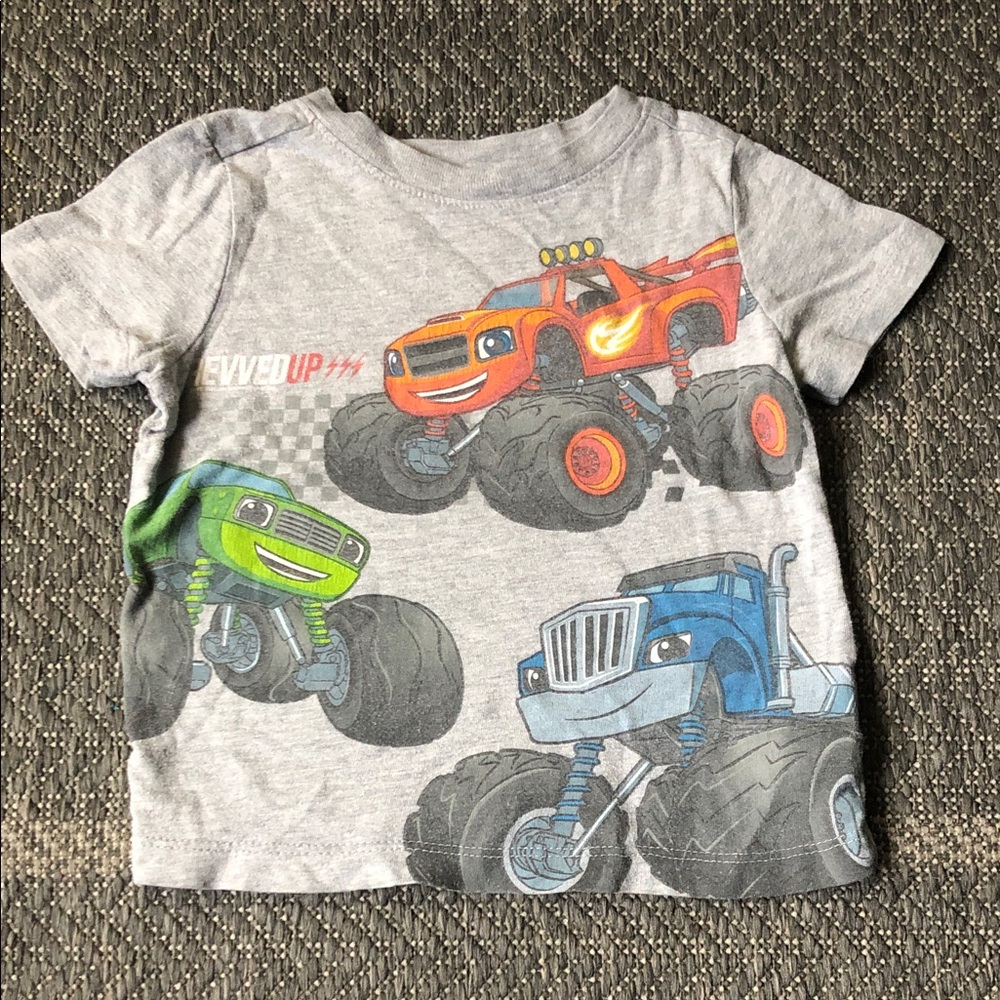 Old Navy collectibles Gray Tee with Orange, Green & Blue Monster Trucks
